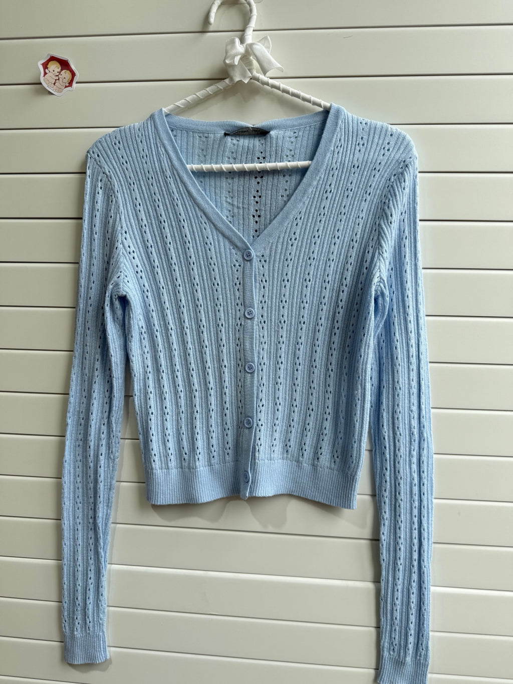 JASTIE SUPER THIN EYELET KNIT BUTTON UP CARDIGAN SWEATER-Blue