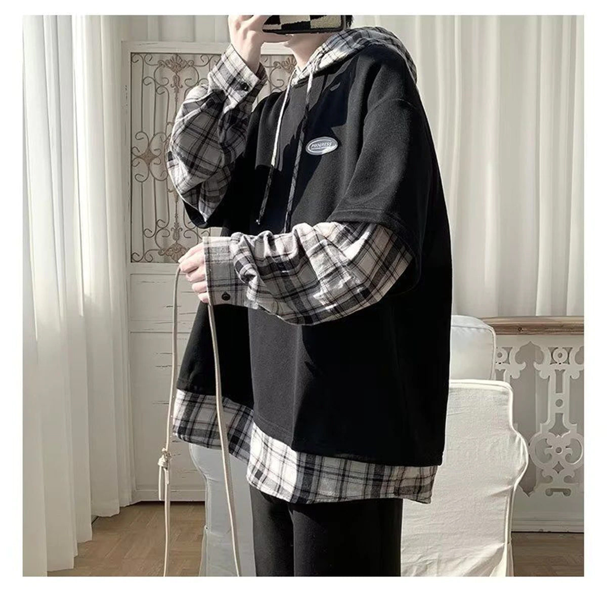 2025 Winter Loose Hooded Hip Hop Sleeve Plaid Hoodie- ABS2478BK