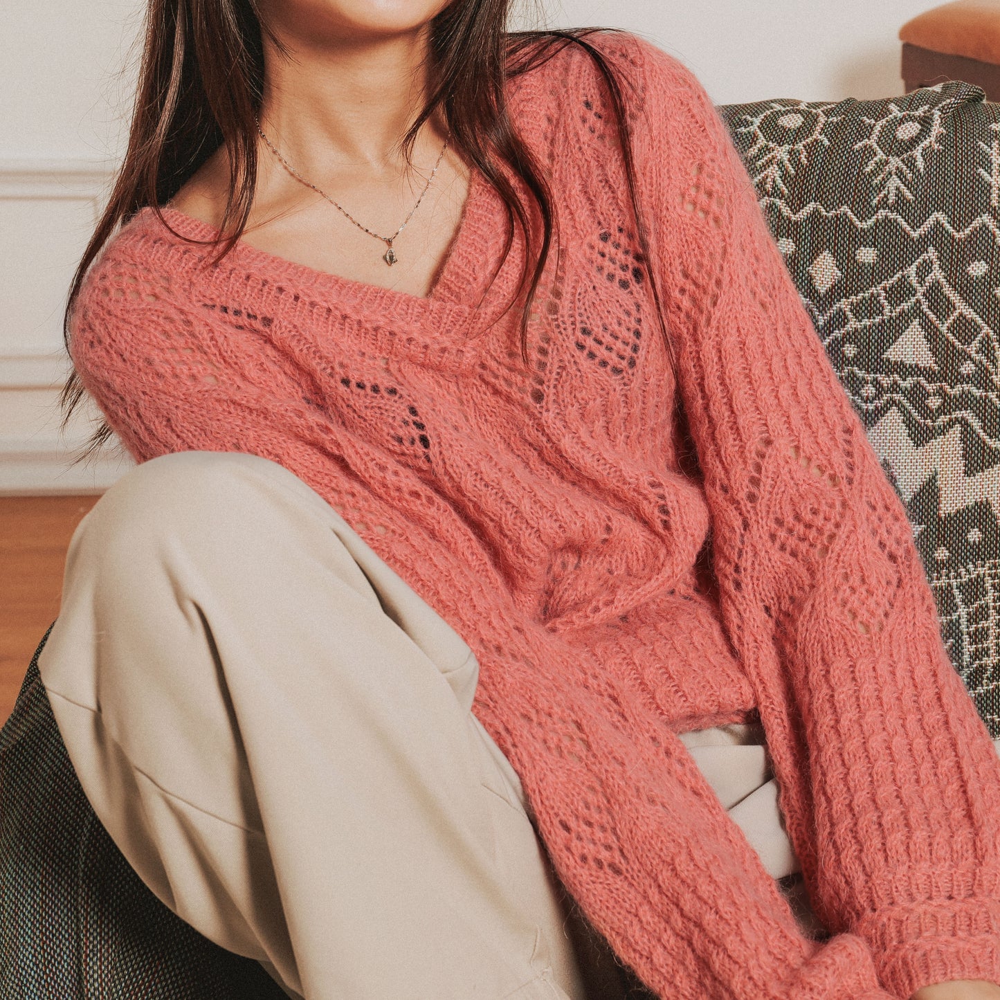 Pink V Neck Warm Women Sweater