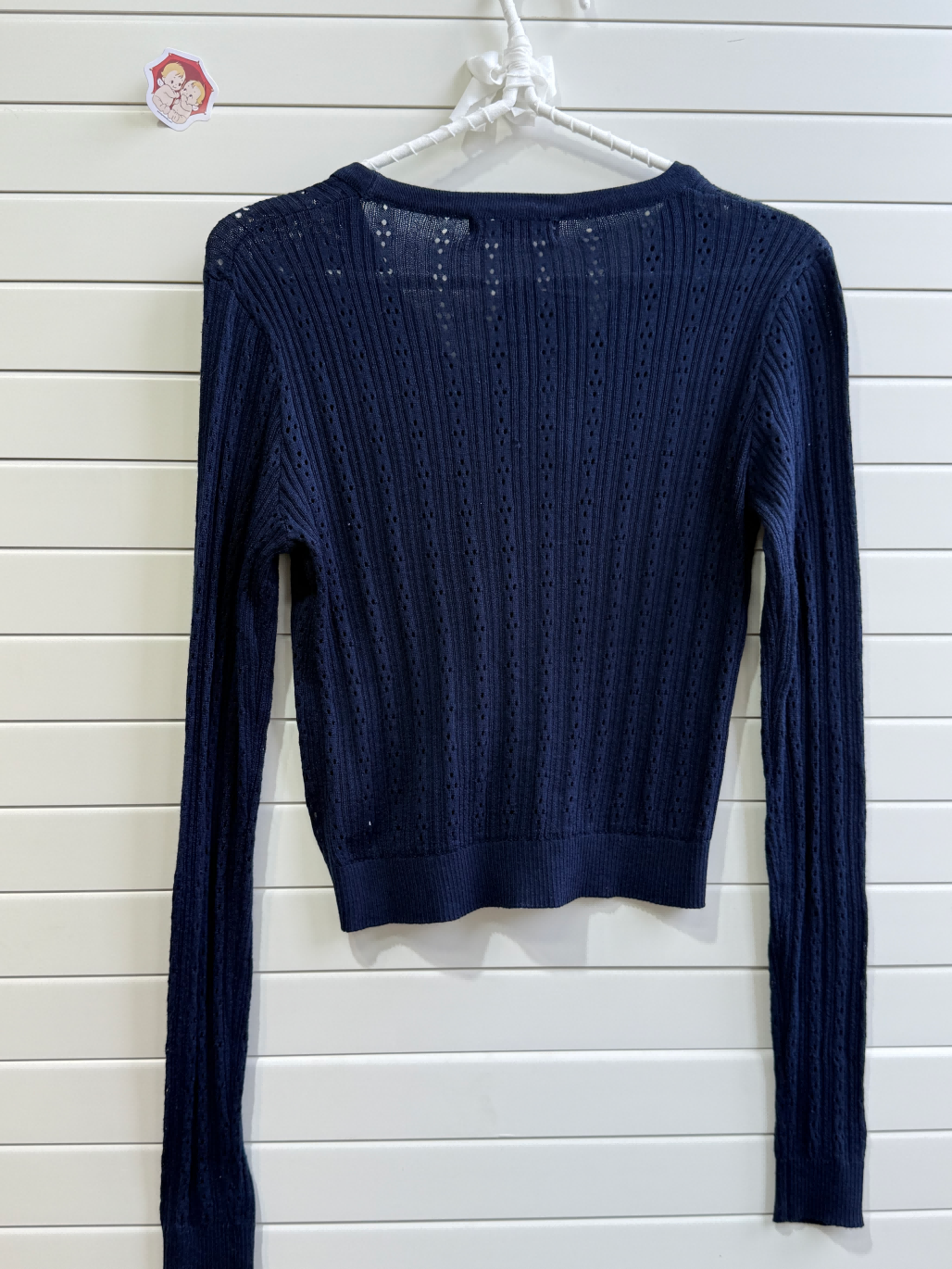 JASTIE SUPER THIN EYELET KNIT BUTTON UP CARDIGAN SWEATER-Navy