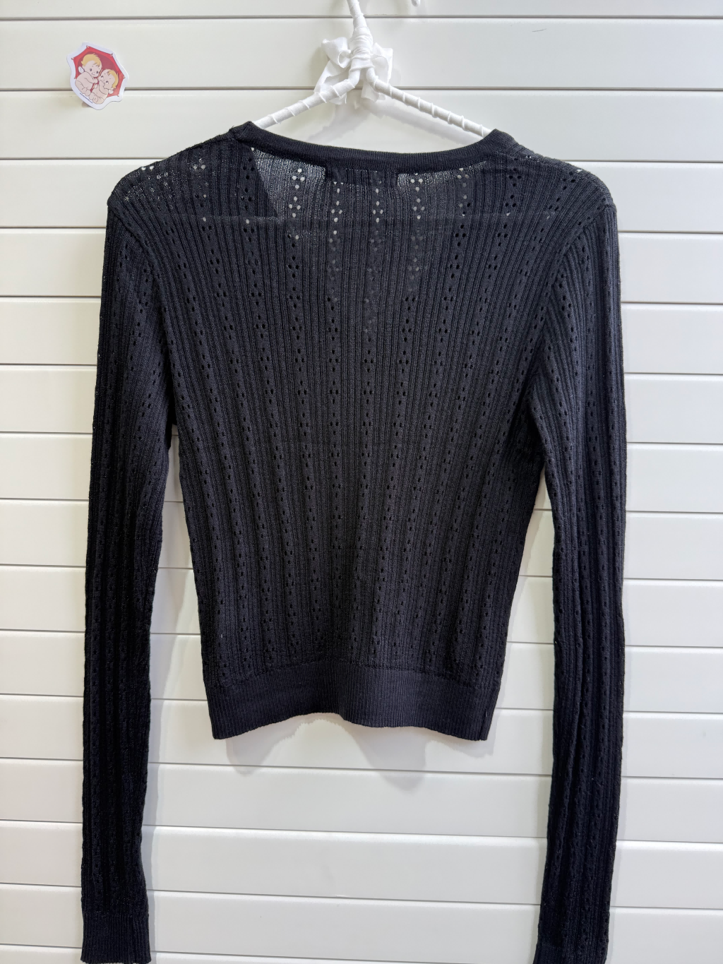 JASTIE SUPER THIN EYELET KNIT BUTTON UP CARDIGAN SWEATER-BLACK