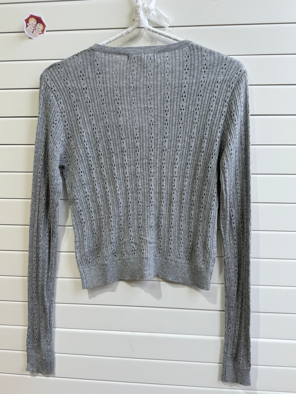 JASTIE SUPER THIN EYELET KNIT BUTTON UP CARDIGAN SWEATER-GREY