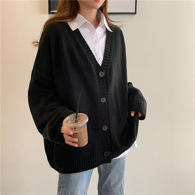 2025 Loose V-Neck Retro Button Knitted Cardigan Sweater-ABS2482BK