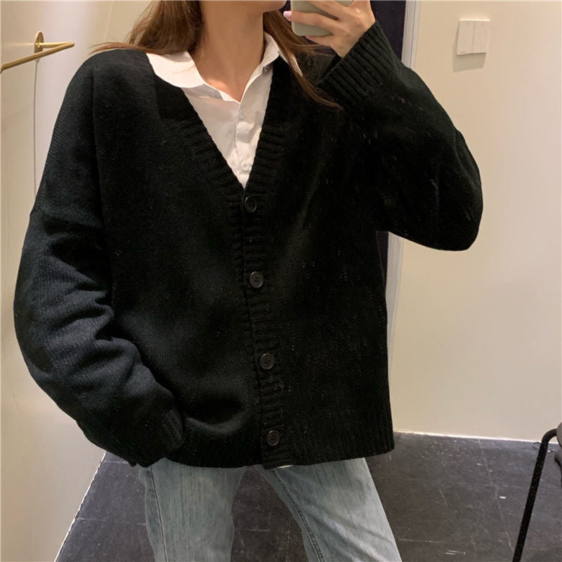 2025 Loose V-Neck Retro Button Knitted Cardigan Sweater-ABS2482BK