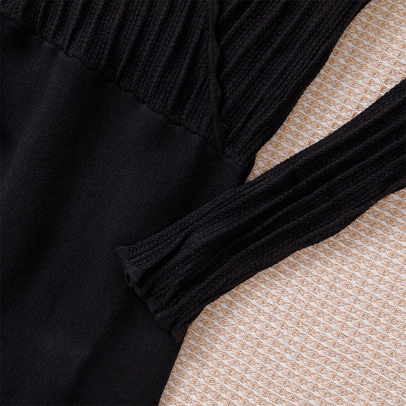 Women V-neck slim long sleeve knit dress black