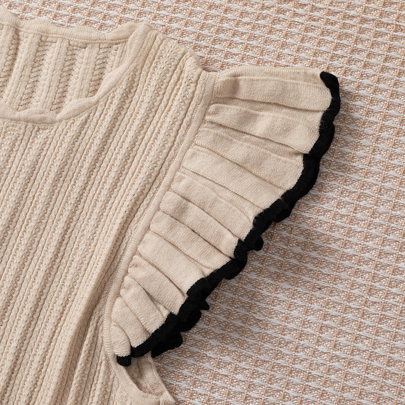 French retro Ruffle small flying sleeve round neck knit top