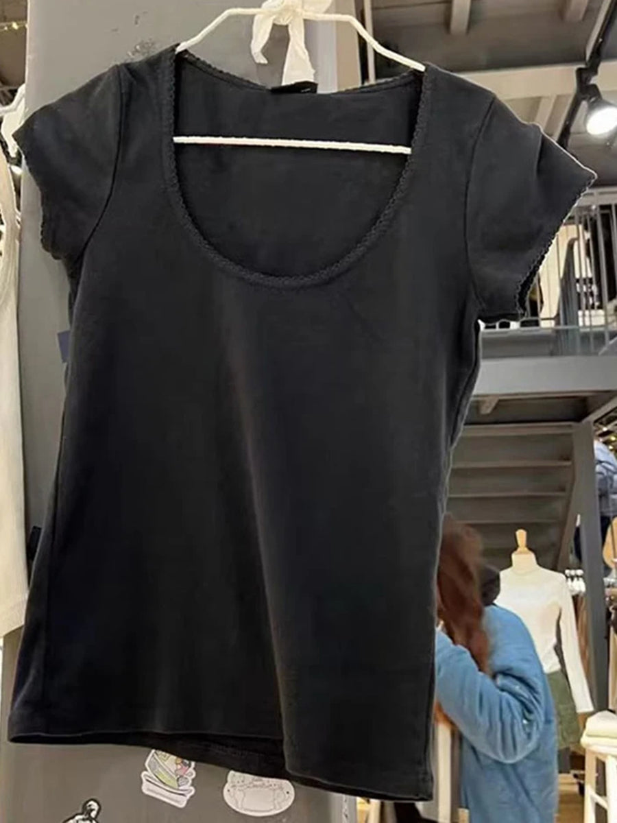 Jastie Lace Neck Short Sleeve Tee Top