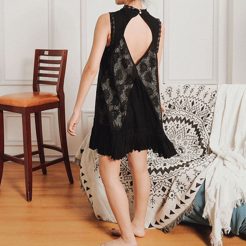 Embroidered hollow out French sleeveless dress women