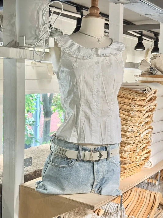 White Lace Trim Button Tank Tops Women Summer New Streetwear Slim Cotton Crop Top Female Sweet Casual Preppy Style T-shirts Y2K