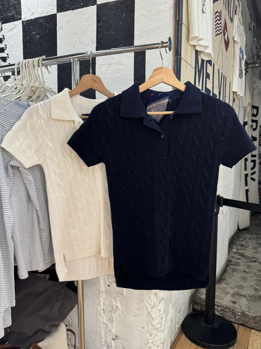 Navy Twist Flower Knit T-shirts Women Casual Turn Down Collar Short Sleeve Tees Sweet American Vintage Tops Y2K T shirts New