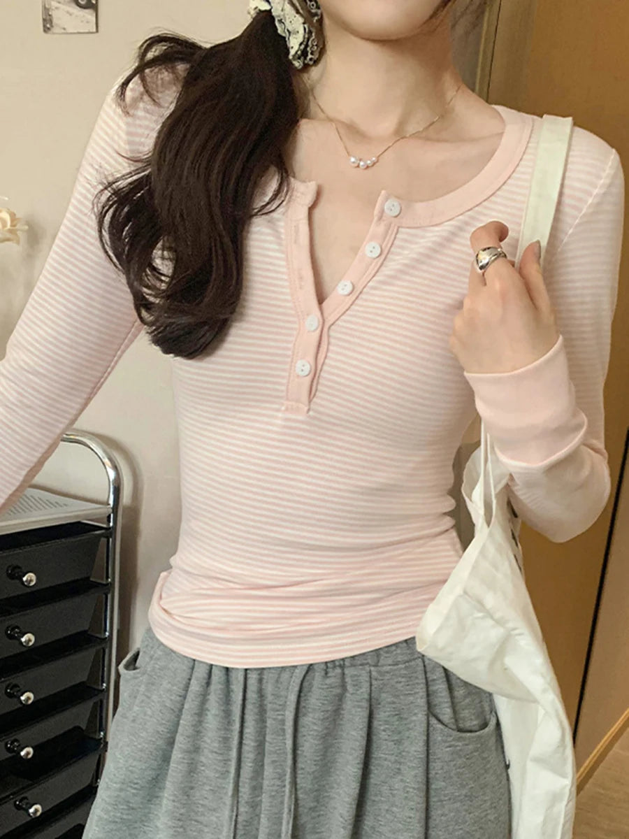 Blue Striped Patchwork Slim T-shirt Women Buttons O-Neck Cotton Long Sleeve Tee Sweet Preppy Style Cute Tshirt Y2K Top Clothes
