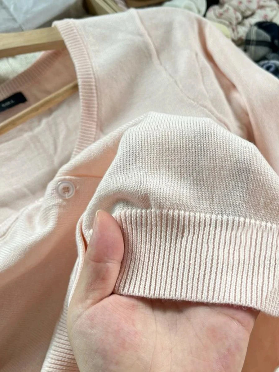 Pink Simple Slim Short Knitted Cardigan Sweaters Women Casual Cotton Metal Ring Button Sweater Coats Vintage Sweet Crop Tops