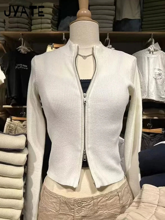 Sweet Slim Knitted Crop Tops Women Casual Cotton Soft O-neck Double Zipped Jumpers Coat Vintage Chic Basic Y2K Cardigan Sweaters