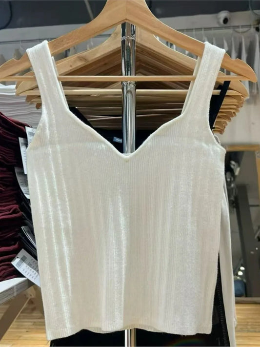 Casual White Knitted V-neck Slim Crop Top Woman Simple Sleeveless Cotton Cropped Camisole Female Basic Cute All-match Tank Tops