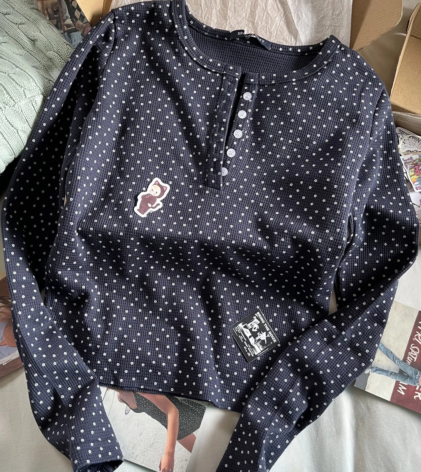 Waffle Floral Buttons Slim Long Sleeve Tee Women Spring New Cotton Preppy Style Tops Female Sweet Cute Chic Vintage T-shirts Y2K
