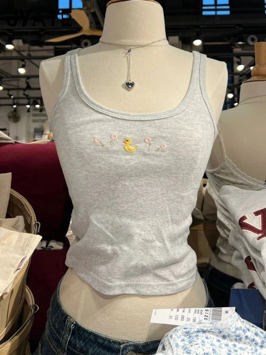 Little Yellow Duck Embroidered Tank Tops Women New Cotton U-neck Cute Chic Flower Graphic Vests Sweet Preppy Style Camisole Y2K