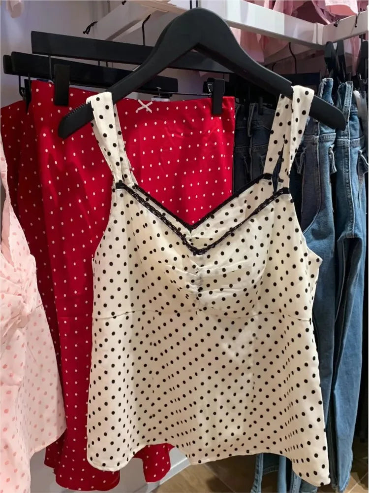 New Polka Dot Slim Crop Top Women Summer Lace Trim Folds V-neck Camisole Female Sweet Preppy Style Cute Short Tank Tops Y2K