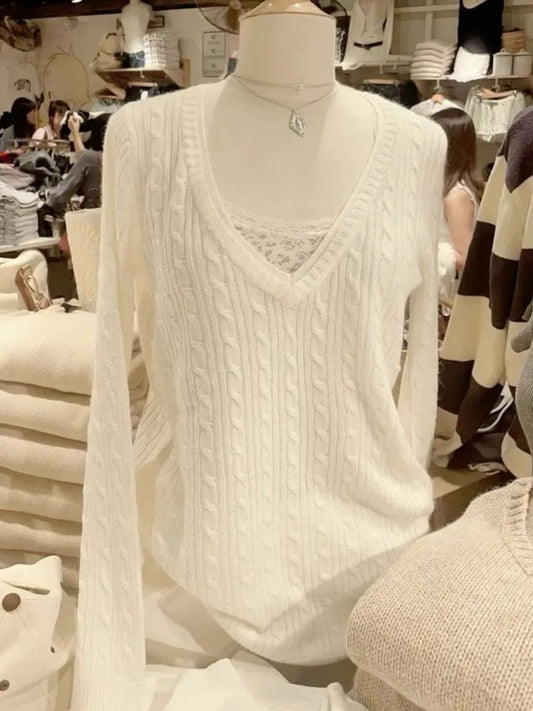 Twisted Flower Thin Knitted Sweater Women Spring Beige Raw Hem V-Neck Long Sleeve Jumpers Sweet Cute Preppy Style Sweater Top