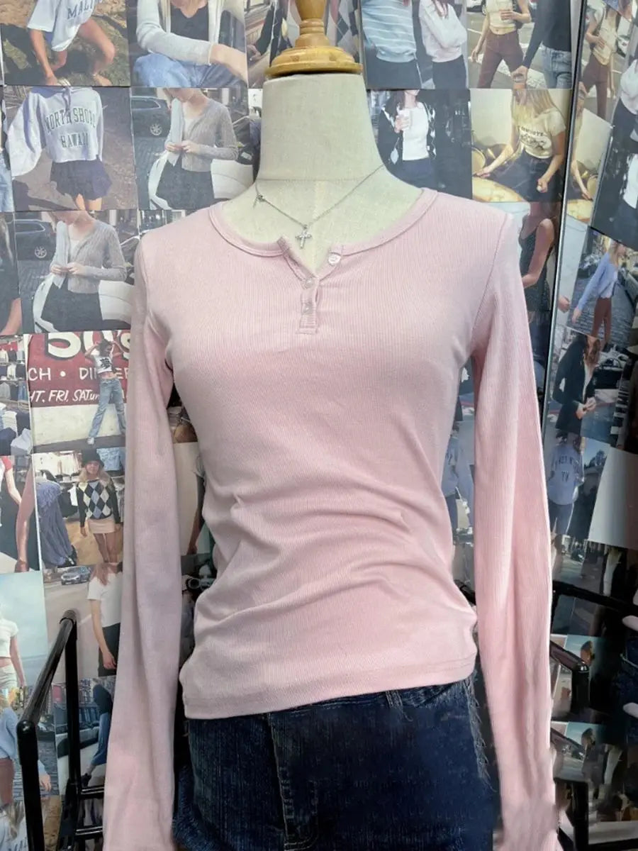 Buttons Ribbed Long Sleeve T-shirts Women Spring Soft Cotton Round Neck Vintage Top Female Solid Simple Y2k Streetwear Tees 2023