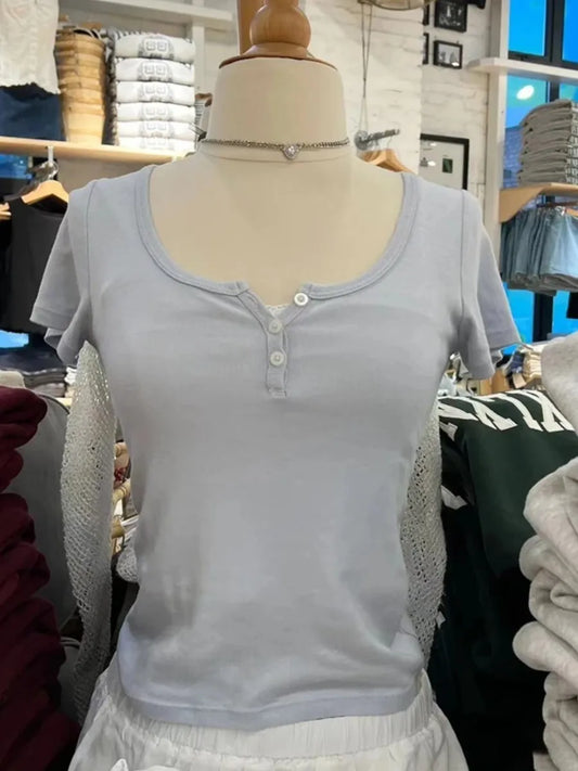 Blue Three Buttons Slim Crop Top Women Casual O-neck Cotton Short Sleeve T Shirt Grils Vintage Sweet Preppy Style Basic T-shirts