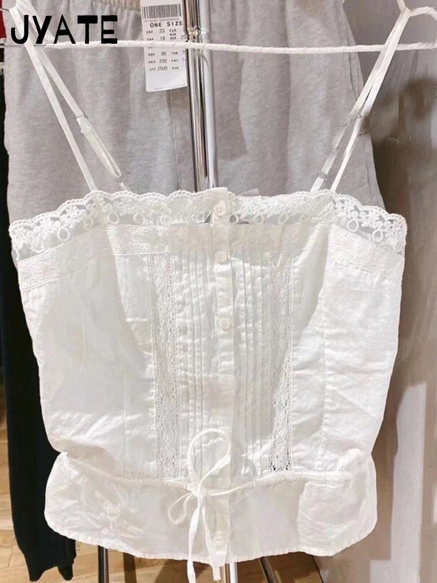 Sweet Lace Trim White Strap Tank Tops Women Cotton Casual Patchwork Preppy Style Sleeveless Vests Cute Chic Vintage Camisole Y2K