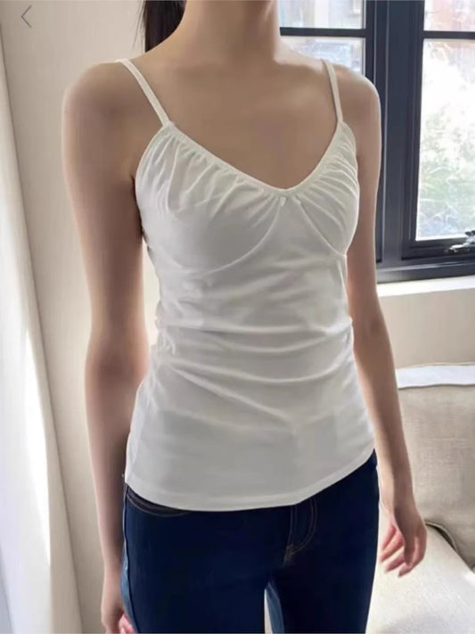White Bow V-neck Folds Tank Tops Women New Casual Slim Adjustable Shoulder Strap Vests Vintage Sweet Preppy Style Camisole Y2K