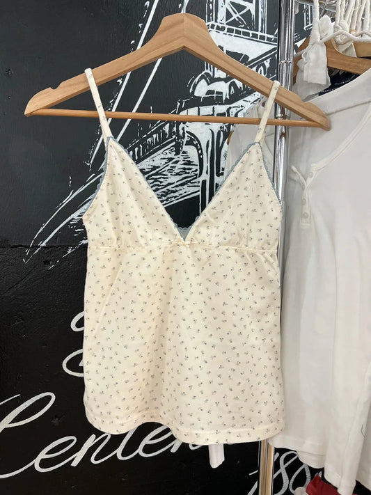 Blue Floral Print Fungus Trim Tank Tops Women Casual Cotton Slim V-neck Sleeveless Bow Camisole Sweet Cute Preppy Style Crop Top