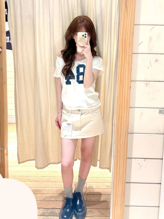 84 Print White Crop Top for Woman Summer Chic Slash Neck Raw Hem Cotton T-shirts Female Fashion Streetwear Short Tee Tops y2k
