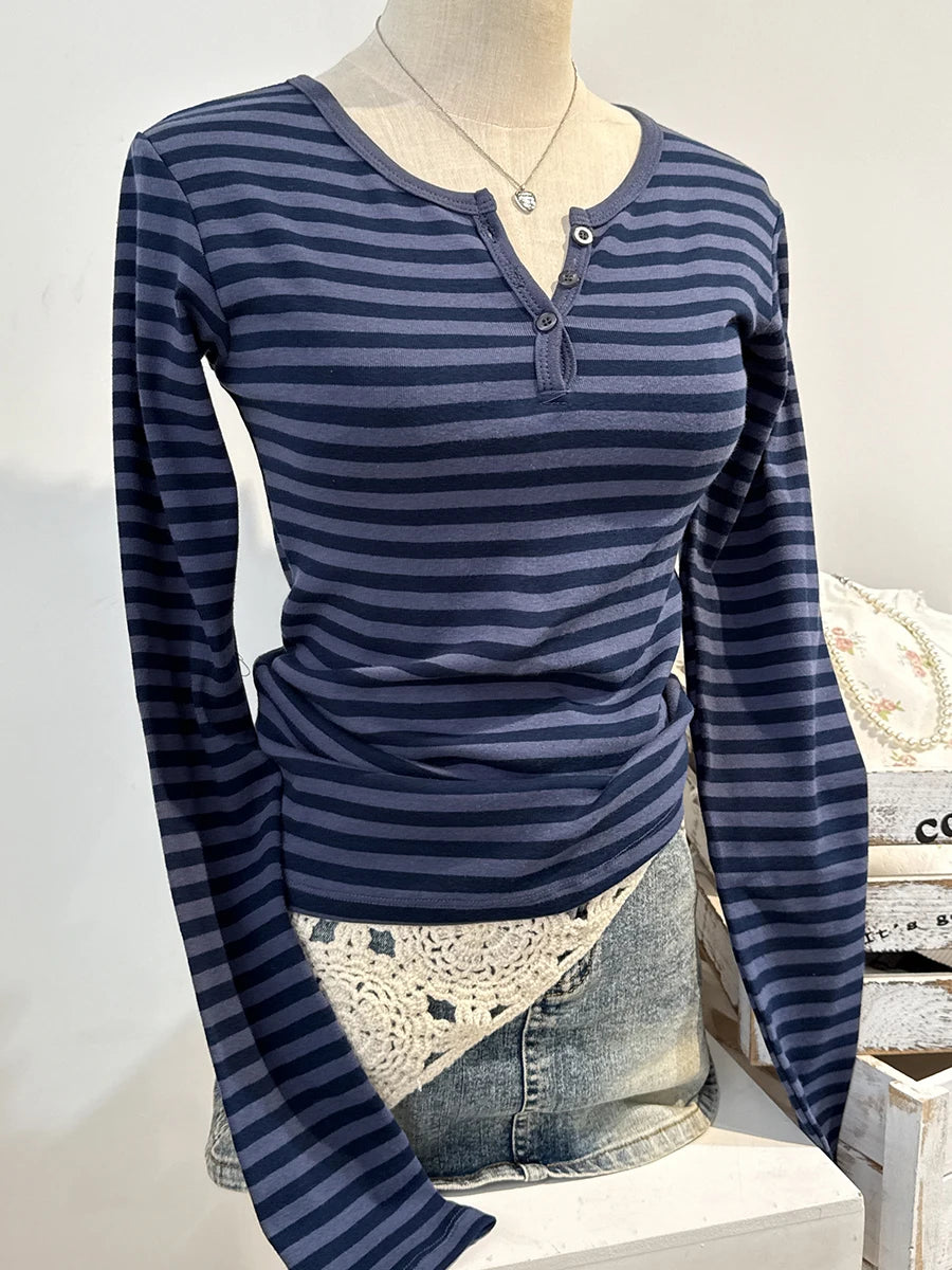 Navy Striped Buttons Long Sleeve Tees Women Casual Chic Cotton T-shirt Cute Preppy Style Slim Tshirt Zelly Tops