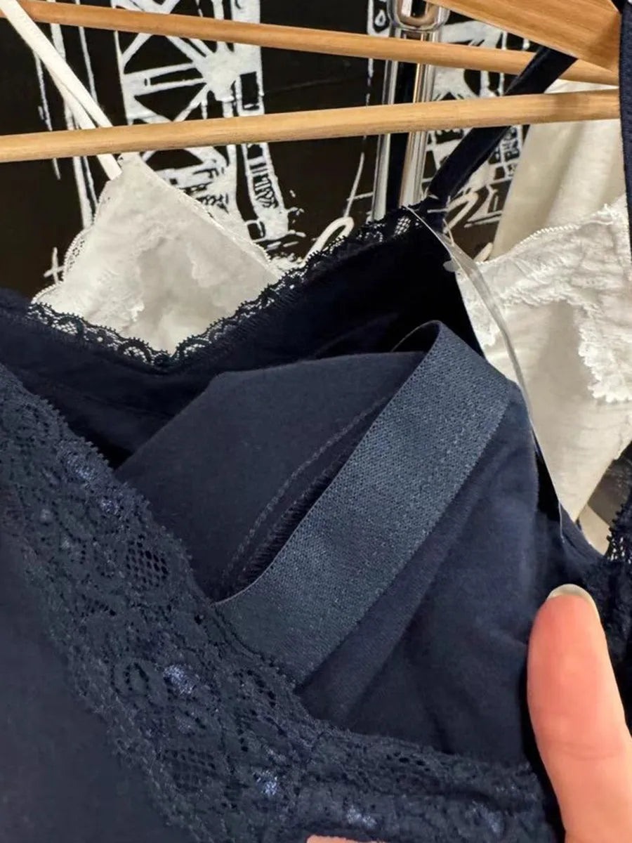 Vintage Navy Lace Trim Slim Tank Tops Women Casual Bow V-Neck Sleeveless Cotton Cropped Vest Sweet Chic Streetwear Crop Top Y2K