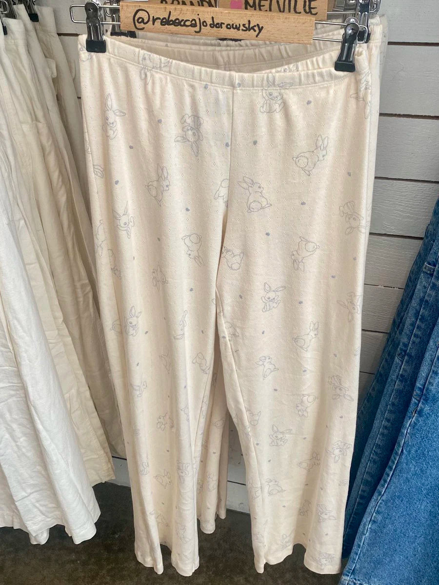 Rabbit Print T-shirts+Eyelet Long Pant Women Summer New Cute Cotton Casual Pajama 2 Piece Set Sweet Vintage Trouser Two Sets Y2K