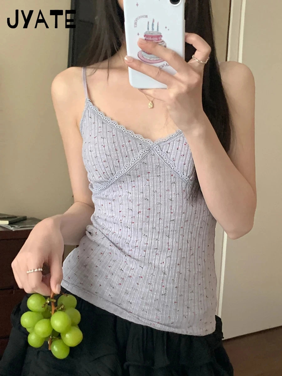 Floral Lace Trim V-neck Tank Tops Women New Cotton Casual Preppy Slim Cropped Sleeveless Vests Sweet Cute Vintage Camisole Y2K