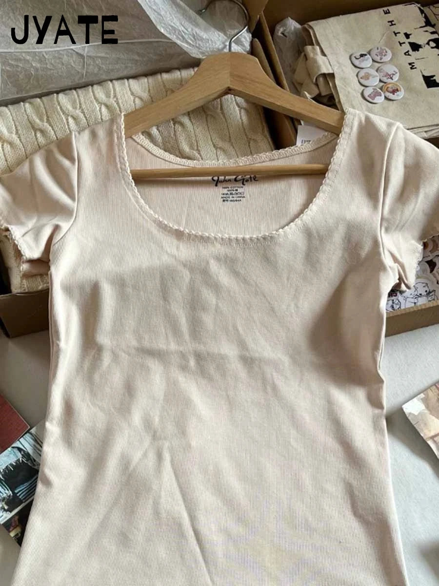 Sweet Lace Trim Pink T-shirts Women Summer New Casual Cotton Soft U-neck Short Sleeve Tees Cute Vintage Preppy Style Tops Y2K