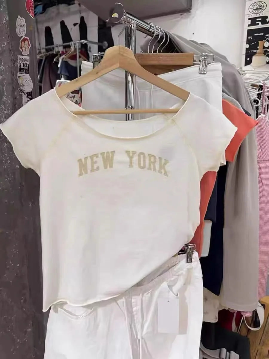 Letter Print Slash Neck T-shirts Women Simple All-match Cotton Raw Hem Short Sleeve Tees Female Vintage Sweet Y2K Crop Tops New