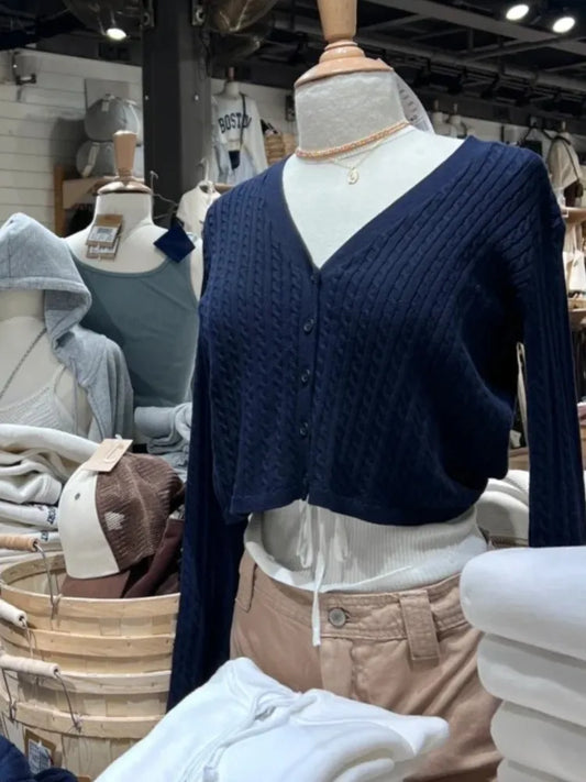 Vintage Navy Twisted Flower Knit Cardigan Women Autumn Casual V-neck Single-breasted Slim Crop Tops Preppy Style Chic Sweaters
