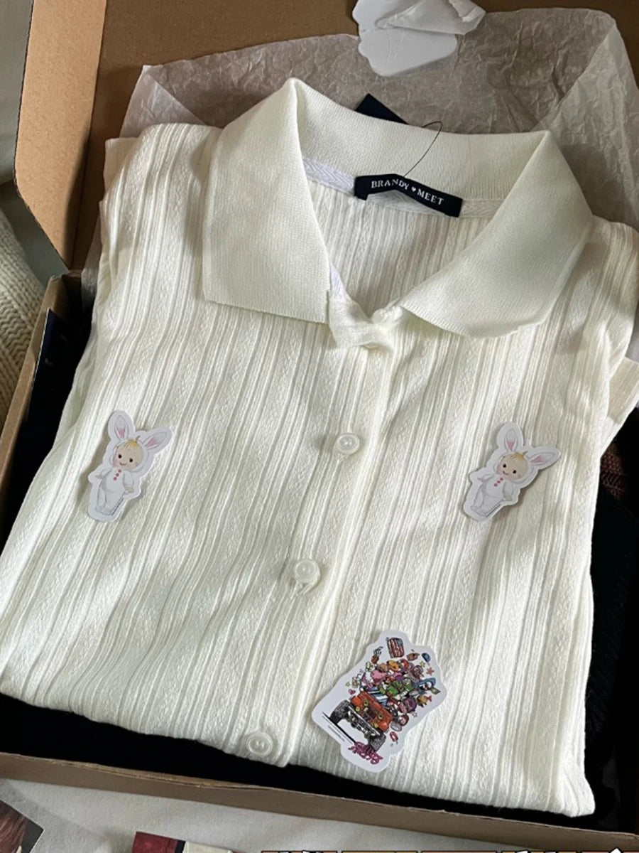 Eyelet Knitted Slim T-shirts Women Turn Down Collar Elegant Button Chic Long Sleeve Tees Female Sweet Simple Slim Hollow Out Top