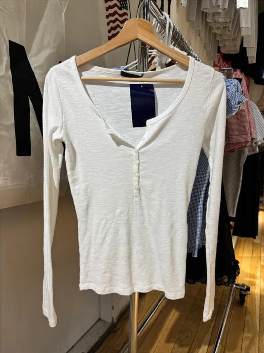 Slub Cotton White Long Sleeve T-shirt Woman Six Buttons Round Neck Slim Tee Tops Female Casual Simple All-match Basic Tshirts