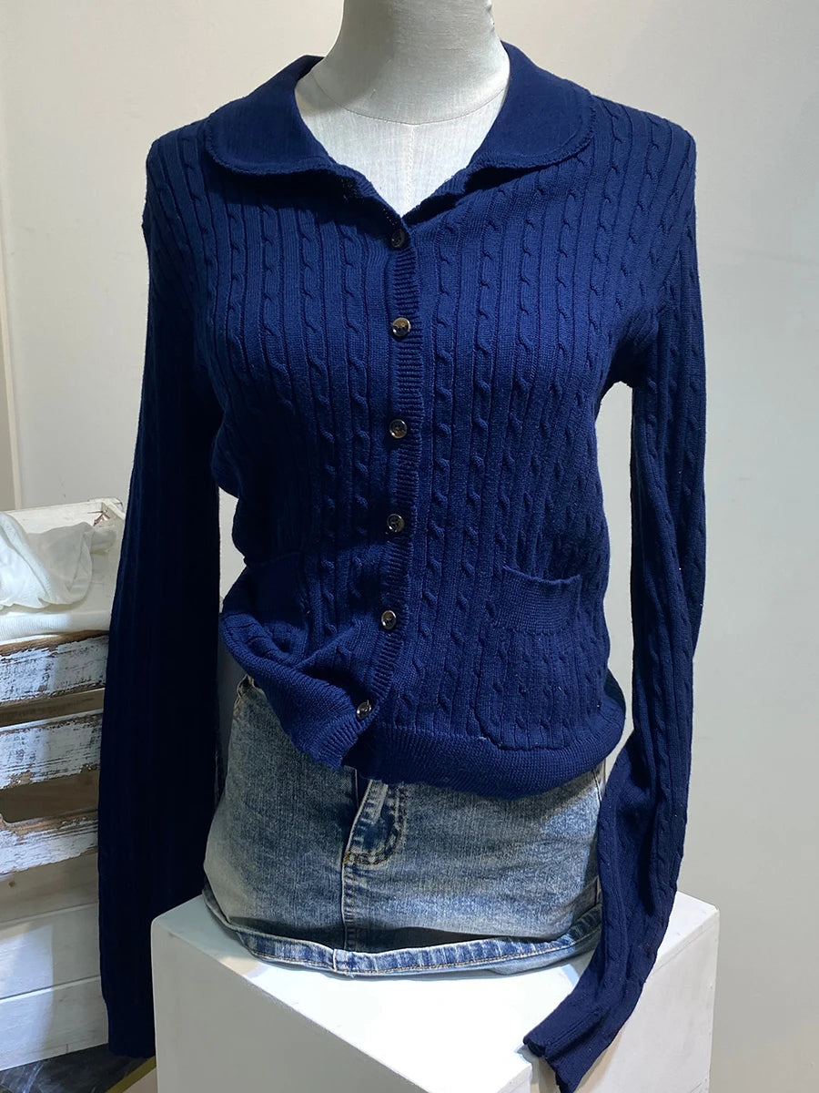 Pink Twist Babydoll Top Cardigan Women Autumn New Lace Trim Collar Cotton Buttons Knitted Jumper Sweet Cute Preppy Style Sweater