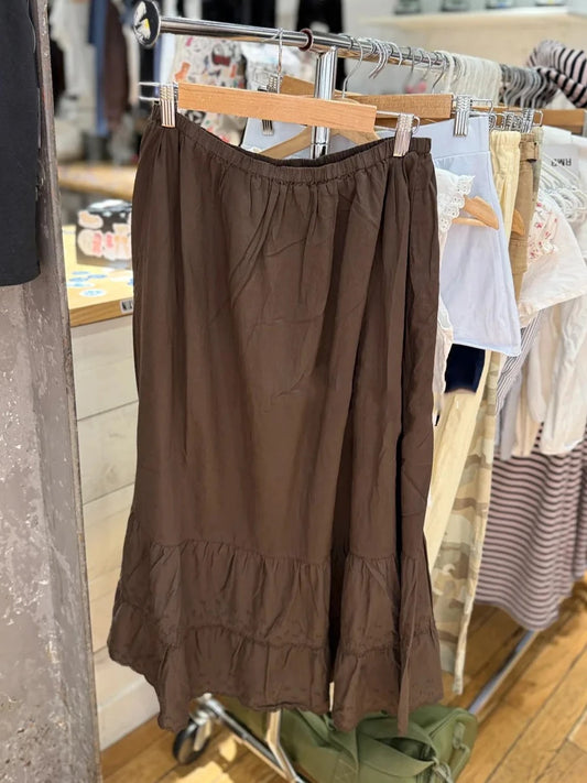 Brown Lace Trim Long Skirts Women New Cotton Drawstring High Waist Preppy Style Faldas Female Classic Vintage Sweet A-line Skirt