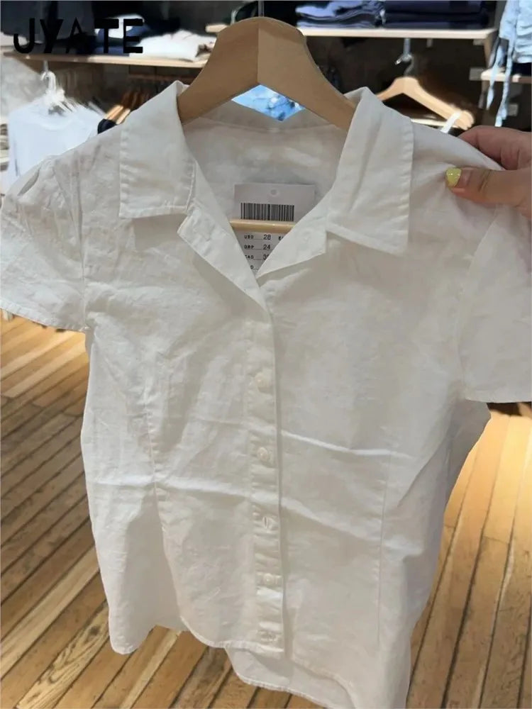 Back Lace-up White Blouse T-shirts Women Summer Casual Preppy Peter Pan Collar Short Sleeve Tees Cute Sweet Slim Y2K Crop Tops