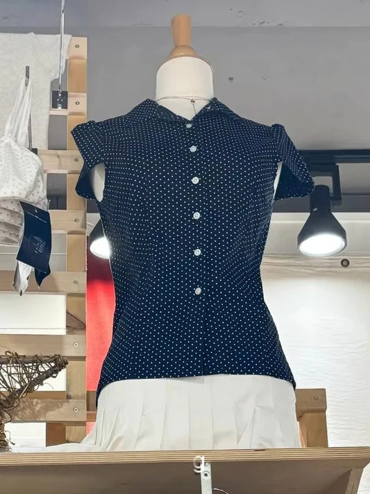 Vintage Navy Polka dot Short Sleeve Tees Women Summer New Casual Turn Down Collar Tops Blouse Retro Preppy Style Y2K T-shirts