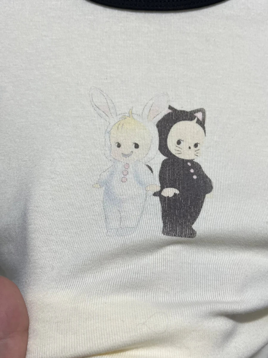 Cute Cartoon Angel Cotton Long Sleeve Tee Women New Casual Patchwork Streetwear T-shirts Female Sweet Vintage Y2K Baby Crop Tops