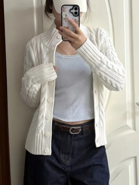 Twisted Flower White Sweater Cardigan Spring Stand Collar Single Breasted Long Sleeve Sweaters Casual Preppy Style Woman's Coat