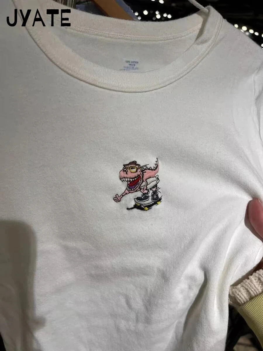 Cute Dinosaur Embroidery Long Sleeve Tees Women O-neck Casual Cotton Soft Slim Tops Clothes Vintage Sweet Chic T-shirts Y2K New