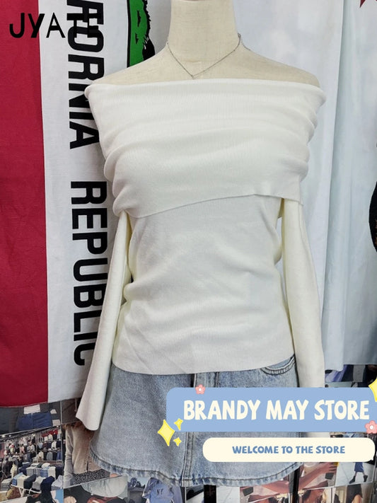 White Sexy Slash Neck Long Sleeve Tees Women New Cotton Casual Simple Folds Slim Tops Femme Sweet Streetwear Chic T-shirts Y2K