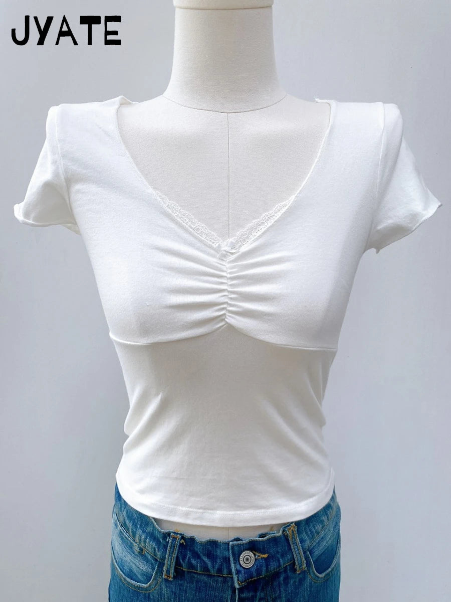 White Lace Trim Bow Crop Tops Women Summer New Cotton V-neck Slim Sexy Short Sleeve Tees Sweet Vintage Cute Simple Y2K T-shirts
