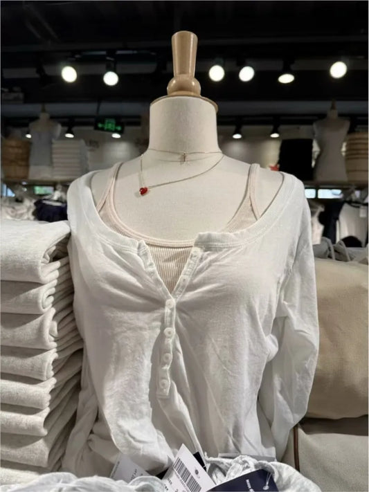 White Lightweight Long Sleeve Tees Women New Casual Loose Cotton O-neck Buttons Tee Tshirt Sweet Chic Streetwear T-shirts y2k