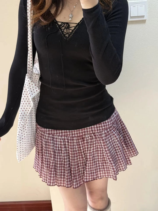 Red Plaid A-line Shirks Women Cotton High Waist Elastic Ruffles Hem Sweet Mini Skirts Vintage Cute Streetwear Falda