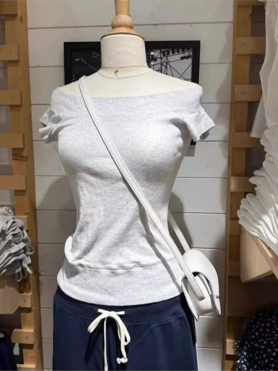 Rose Pink Slash Neck T-shirt Women Casual Preppy Style Slim Short Raglan Sleeve Cotton Tee Shirts Sweet Preppy Style Tshirts Y2K