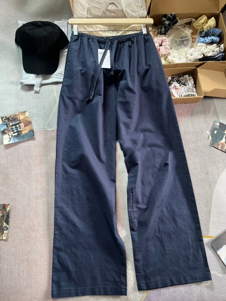 Fashion Blue Striped Drawstring Straight Sport Pants Women New Chic Elastic High Waist Long Pant Casual Sweet Loose Trousers Y2K